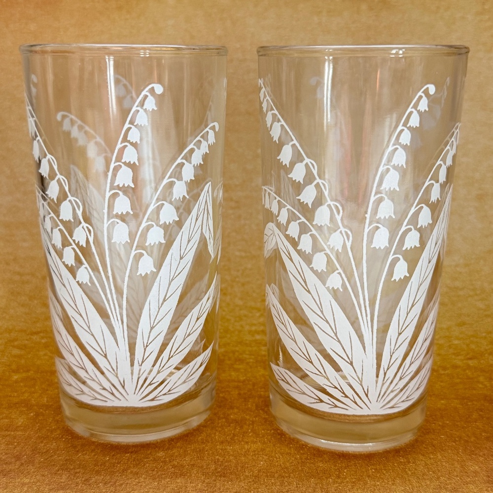 Pair of VINTAGE JEANETTE Drinking Glasses Lily of the Valley MCM 5"